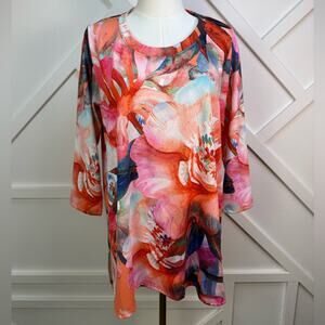 Soft Surroundings Floral Sahara Watercolor Print Tunic Top 3/4 Sleeve Medium
